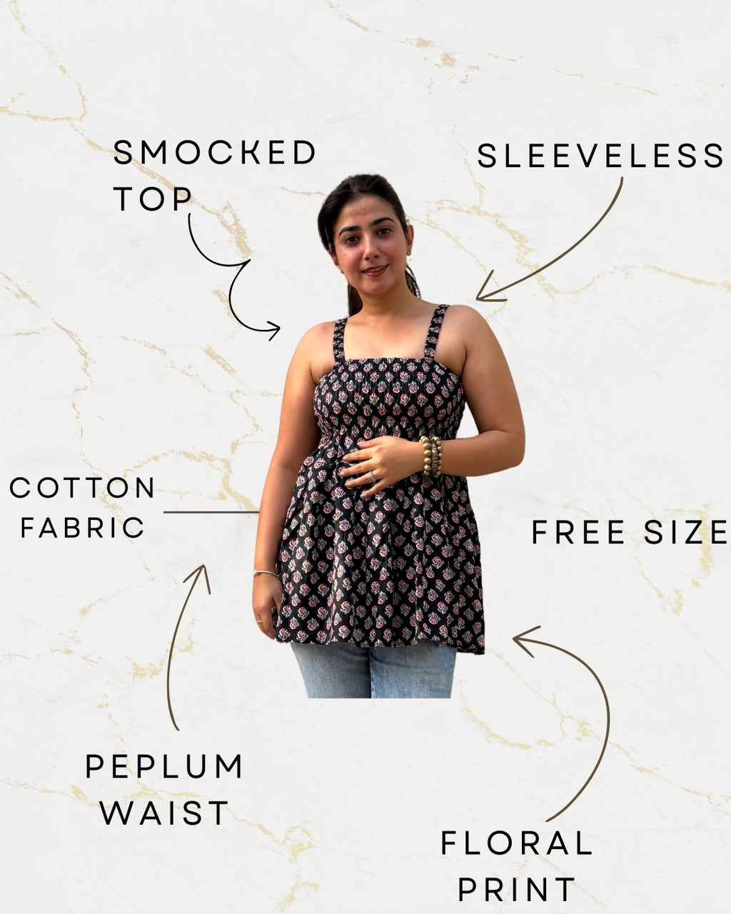 Women's Floral Print Smocked Black Tank Top, Casual Summer Wear