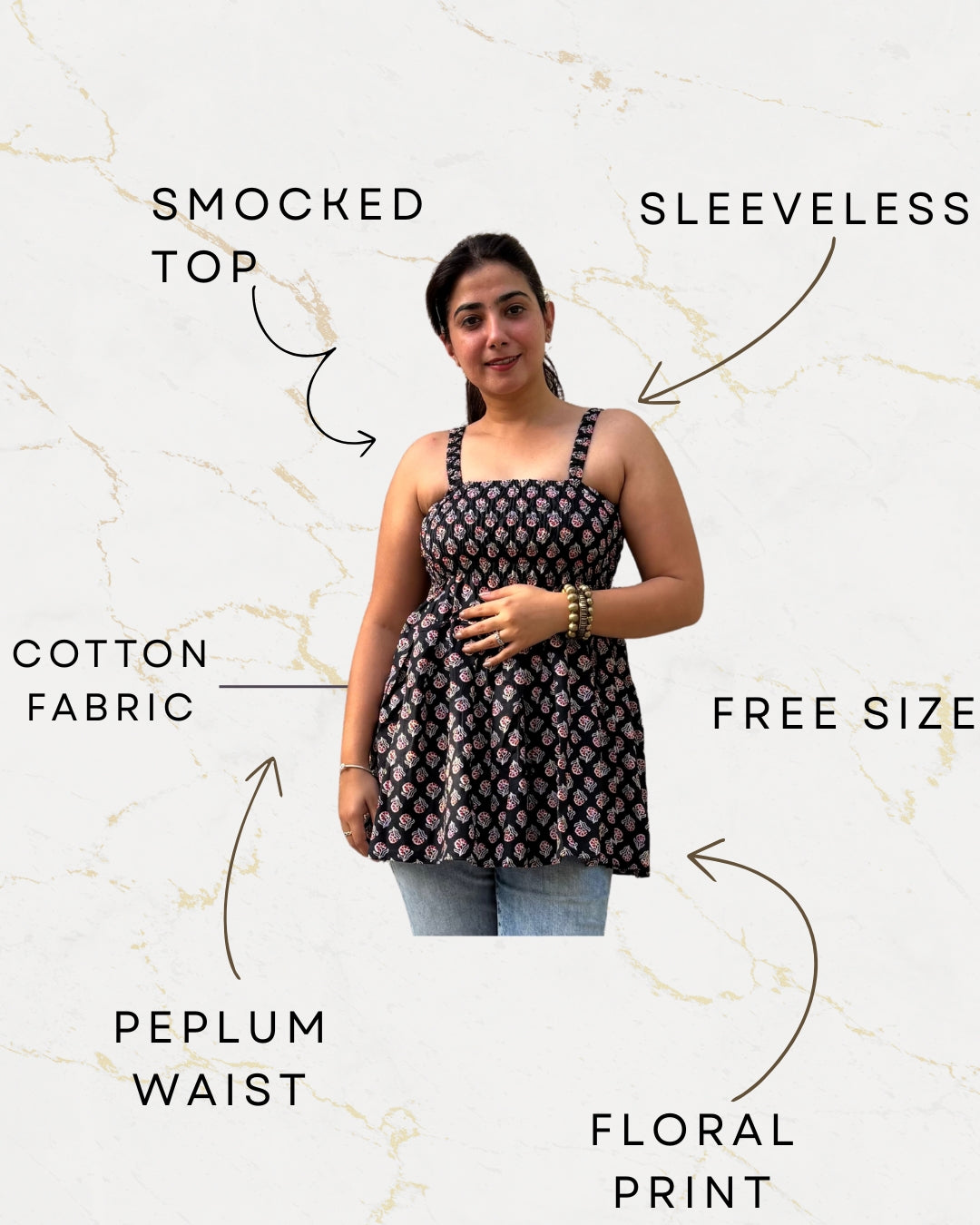 Women's Floral Print Smocked Black Tank Top, Casual Summer Wear